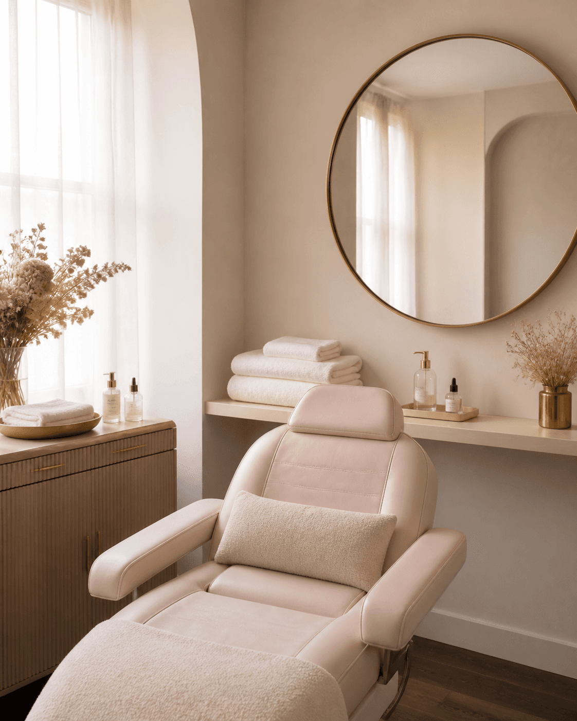 Warm ivory Glowistry treatment studio with champagne-gold details